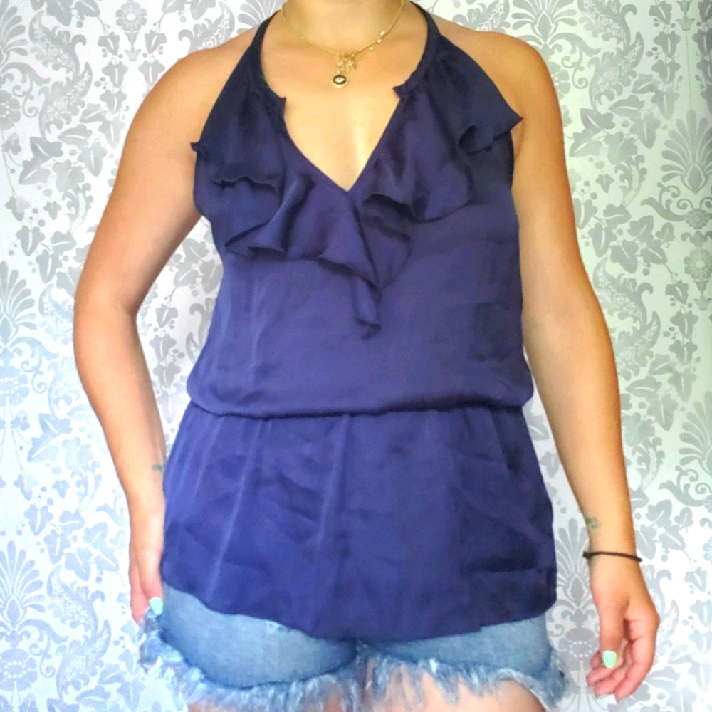 Navy Racer Back Ruffle Blouse Size M